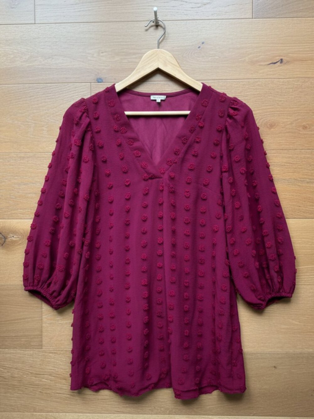 Jodifl Swiss Dot Tunic Mini Dress Balloon Sleeve V-Neck Berry Crimson RushTok Sm